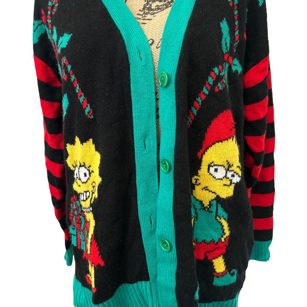 Rare VTG 90s The Simpsons Women’s Large Ugly Cardigan Bart Elf Lisa Presents - Picture 6 of 13